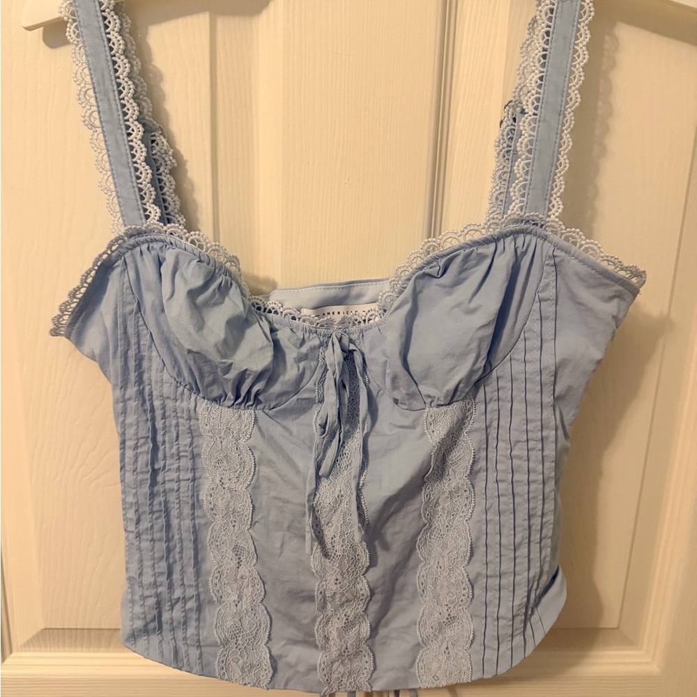 American Threads Light Blue Lace-Trim Corset Tank Top